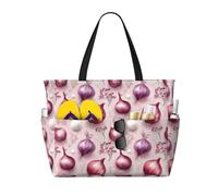 Grande borsa da spiaggia da donna, a prova di sabbia, con stampa di cipolle e fiori, estiva, per lavoro, viaggi, con cerniera
