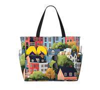 Grande borsa da spiaggia da donna a prova di sabbia, con stampa di città dei cartoni animati, estiva, lavoro, viaggi, con cerniera