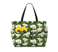 Grande borsa da spiaggia da donna a prova di sabbia, con stampa di foglie verdi, calle e gigli, borsa tote con cerniera