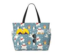 Grande borsa da spiaggia da donna, a prova di sabbia, con stampa di orso, pinguino, fiocchi di neve, estiva, lavoro, viaggi, con cerniera