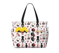 Grande borsa da spiaggia da donna, a prova di sabbia, con stampa di palla da bowling, colore nero e rosso, borsa tote con cerniera