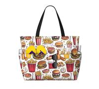 Grande borsa da spiaggia da donna a prova di sabbia, con stampa di patatine fritte, hamburger, cibo, estiva, lavoro, viaggi, con cerniera