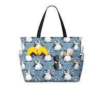 Grande borsa da spiaggia da donna, a prova di sabbia, con stampa di pinguino che nevica, estiva, lavoro, viaggi, con cerniera