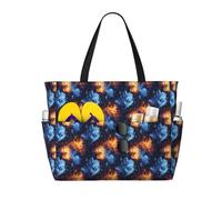 Grande borsa da spiaggia da donna a prova di sabbia, con stampa di testa di leone di fuoco rossa e blu, borsa tote con cerniera