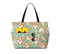 Grande borsa da spiaggia da donna a prova di sabbia, con stampa di un simpatico cane Corgi, estiva, lavoro, viaggi, con cerniera