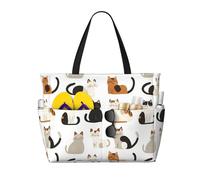 Grande borsa da spiaggia da donna, a prova di sabbia, con stampa di un simpatico gatto, estiva, lavoro, viaggi, con cerniera
