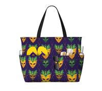Grande borsa da spiaggia da donna a prova di sabbia, con stampa in maschera verde dorato, per viaggi estivi, lavoro, con cerniera