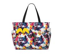 Grande borsa da spiaggia da donna a prova di sabbia, con stampa lupo colorata ad acquerello, estiva, lavoro, viaggi, borse tote con cerniera