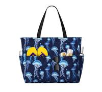 Grande borsa da spiaggia da donna a prova di sabbia, con stampa medusa blu, estiva, lavoro, viaggi, con cerniera