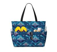 Grande borsa da spiaggia da donna a prova di sabbia, con stampa retrò blu Manta Ray, borsa tote con cerniera