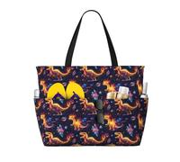 Grande borsa da spiaggia da donna a prova di sabbia, fantasia con stampa di dinosauri e fiamme, estiva, lavoro, viaggi, con cerniera