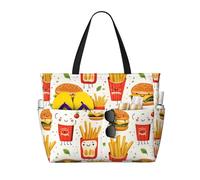 Grande borsa da spiaggia da donna a prova di sabbia, graziosa stampa di patatine fritte per hamburger, estive, lavoro, viaggi, con cerniera