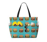 Grande borsa da spiaggia da donna a prova di sabbia, graziosa stampa verde hamburger estiva, lavoro, viaggi, borsa tote con cerniera