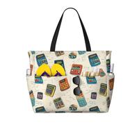 Grande borsa da spiaggia da donna a prova di sabbia, motivo retrò con calcolatrice, stampa estiva, lavoro, viaggi, borsa tote con cerniera