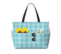Grande borsa da spiaggia da donna a prova di sabbia, stampa a quadretti azzurri, estiva, lavoro, viaggi, borsa tote con cerniera