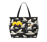 Grande borsa da spiaggia da donna a prova di sabbia, stampa bianca con orso polo nord nero stampa estiva lavoro viaggio tote bag con cerniera