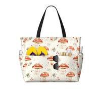 Grande borsa da spiaggia da donna a prova di sabbia, stampa rossa fungo brillante, borsa tote con cerniera