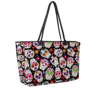 Grande borsa da spiaggia da donna, borsa da viaggio con sfondo teschio di zucchero del giorno dei morti, borsa a tracolla impermeabile con tasche, Multicolore 1., 14.5x20.8x5.5in/37x53x14cm