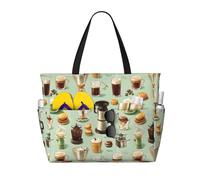 Grande borsa da spiaggia da donna, resistente alla sabbia, con stampa di caffè, hamburger, estiva, lavoro, viaggi, con cerniera