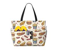 Grande borsa da spiaggia da donna, resistente alla sabbia, con stampa di hamburger, pizza, patatine fritte, estive, lavoro, viaggi, con cerniera
