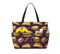 Grande borsa da spiaggia da donna, resistente alla sabbia, con stampa di hamburger, prosciutto, cibo, estiva, lavoro, viaggi, con cerniera