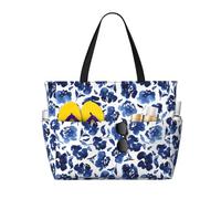 Grande borsa da spiaggia impermeabile a prova di sabbia - fiori inchiostro blu carino borsa da spiaggia per le donne con cerniera