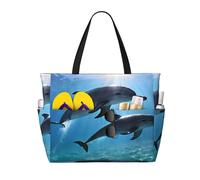 Grande borsa da spiaggia impermeabile con stampa delfini nel mare, da donna, con cerniera e tasche, borsa pieghevole per viaggi, piscina, shopping, vacanze, palestra