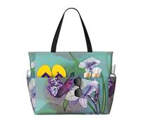 Grande borsa da spiaggia impermeabile con stampa di gigli e farfalle, da donna, con cerniera e tasche, borsa pieghevole per viaggi, piscina, shopping, vacanze, palestra