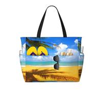 Grande borsa da spiaggia impermeabile con stampa di palme al tramonto, da donna, con cerniera e tasche, borsa pieghevole per viaggi, piscina, shopping, vacanze, palestra