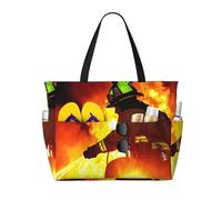 Grande borsa da spiaggia impermeabile con stampa pompiere vigile del fuoco da donna con cerniera e tasche, borsa pieghevole per viaggi, piscina, shopping, vacanze, palestra