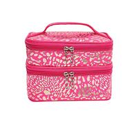 Grande borsa da trucco da donna, in velluto a coste, da viaggio, doppia, per articoli da toeletta e lavaggio rosa rossa, F, Taglia unica
