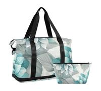 Grande borsa da viaggio a tracolla con foglie floreali grigie e verde acqua su tessuto bianco, borsa da viaggio pieghevole per il fine settimana con borsa da toilette per lo sport, un primo piano di