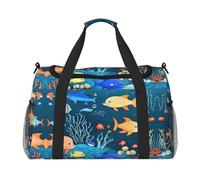 Grande borsa da viaggio blu subacquea con stampa di pesce e scritta "World of Fish", impermeabile, da donna, per sport, palestra
