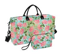 Grande borsa da viaggio con boccioli di rosa rossa e foglie verdi, borsa da viaggio per la notte, borsa da palestra, borsa da toeletta per viaggi di lavoro, multifunzionale