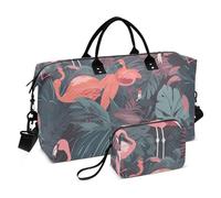 Grande borsa da viaggio con illustrazione di fenicotteri rosa e verde, borsa da viaggio pieghevole, borsa sportiva da palestra con borsa da toilette per allenamento e viaggio, Illustrazione di
