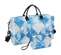 Grande borsa da viaggio con sfondo bianco con griglia a forma di blu, grande borsa da viaggio per aeroporto, borsa da palestra con borsa da toilette per yoga impermeabile