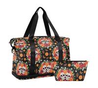 Grande borsa da viaggio impermeabile con teschio fiori Día De Los Muertos borsa da notte con tracolla regolabile per viaggio