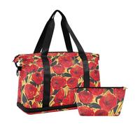 Grande borsa da viaggio in stile retrò con rosa rossa e pittura a olio, borsa da viaggio per weekender, per la notte, palestra, borsone da portare con sé con borsa da toilette per yoga pieghevole,