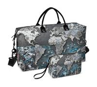 Grande borsa da viaggio per il weekend, con tracolla regolabile, impermeabile, stile meccanico, mappa del mondo