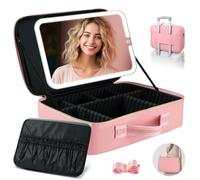 Grande borsa da viaggio per trucchi con specchio LED, custodia professionale per trucco da 38,1 cm con 3 modalità di colore, specchio illuminato dimmerabile, organizer per cosmetici con copertura in
