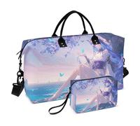 Grande borsa da viaggio per weekender, borsa da viaggio con articoli da toeletta per aereo, set da 2 pezzi, viola, farfalle, anime volpe