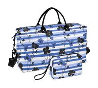 Grande Borsa Fiori Neri Blu Reale A Righe Viaggio Weekender Gear Bag con Cinghia Regolabile per Aereo Viaggiare 2 Pz Set bolso para