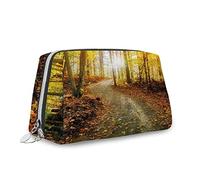 Grande borsa per il trucco a tema autunnale, in pelle, vista mattutina nei boschi, borsa per cosmetici da viaggio, portatile, versatile, con cerniera, da donna, multicolore, M, multicolore_9, Taglia