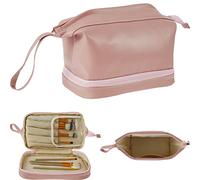 Grande borsa per il trucco, borsa per cosmetici da viaggio portatile in PU a doppio strato, borsa da toilette multifunzionale, spaziosa borsa per il trucco, Rosa