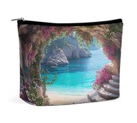 Grande borsa per il trucco con scena di spiaggia e scale in pietra e piante di caverna serena, per borsetta da donna con cerniera, pochette da viaggio per articoli da toeletta, borse per il trucco per