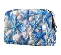 Grande borsa per il trucco con stampa blu con stelle marine e conchiglie con cerniera organizer per cosmetici da viaggio per donne, Multi, 18.5x7.5x13cm/7.3x3x5.1in, Art Deco