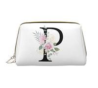Grande borsa per il trucco da viaggio, organizer per cosmetici, in pelle, portatile, impermeabile, con cerniera, per donne e ragazze adolescenti, con fiori e lettera P, colore: bianco