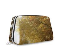 Grande borsa per il trucco in pelle, stampa autunnale, tema mattina in campagna, borsa cosmetica da viaggio, borsa portatile versatile con cerniera per donne, verde giallo, M, Verde Giallo_6, Taglia