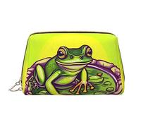 Grande borsa per il trucco portatile in pelle con rana in uno stagno, in pelle PVC, chiusura a cerniera, borsa da viaggio per articoli da toeletta, borsa da viaggio, bianco, Taglia unica
