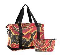 Grande borsa sportiva con stampa a olio con rosa rossa, stile retrò, con cinghia regolabile, impermeabile, per escursioni, Stile retrò della pittura a olio di rosa rossa, 1 size